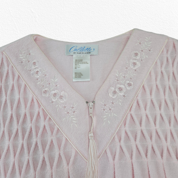 Y2K Collette Pink Fleece Zip Housecoat Robe Floral Embroidery Mid Calf Medium - Picture 3 of 7